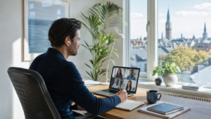 An international employee working remotely from a bright home office in Denmark